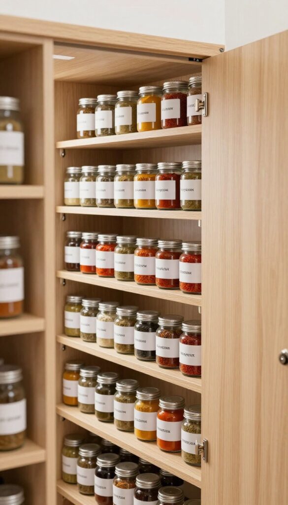 Open pantry door with a mounted wire spice rack holding labeled glass spice jars, organized and accessible.