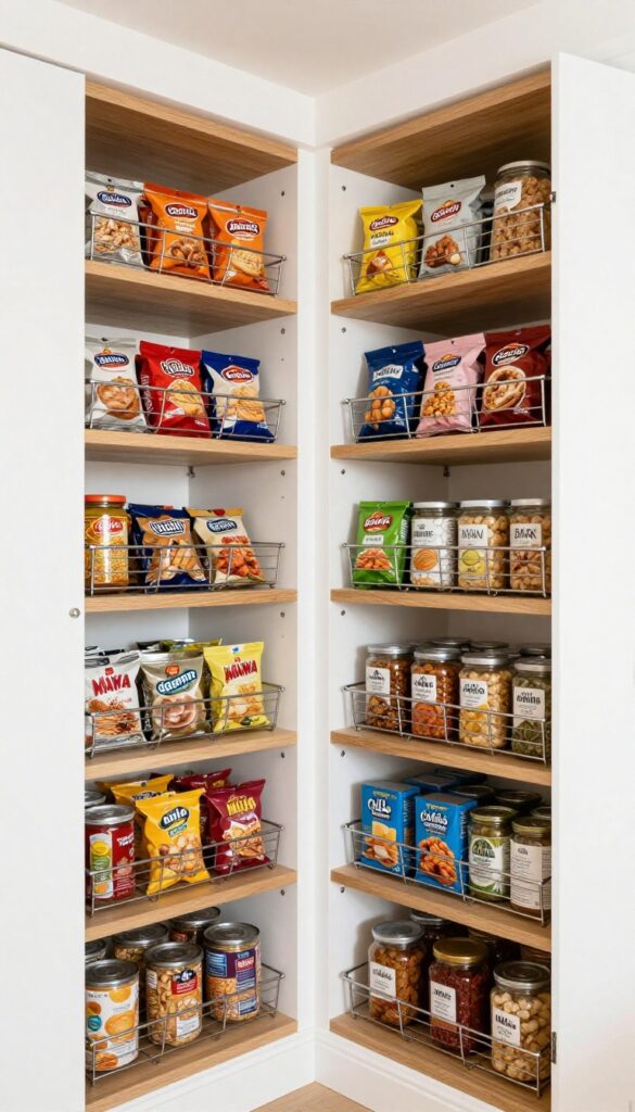Pull-out wire baskets in a deep pantry, filled with organized snacks, bright natural light
