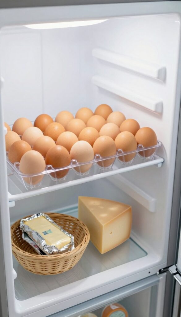 Clear plastic egg holder with fresh brown eggs on a refrigerator shelf, beside a basket of butter and cheese.