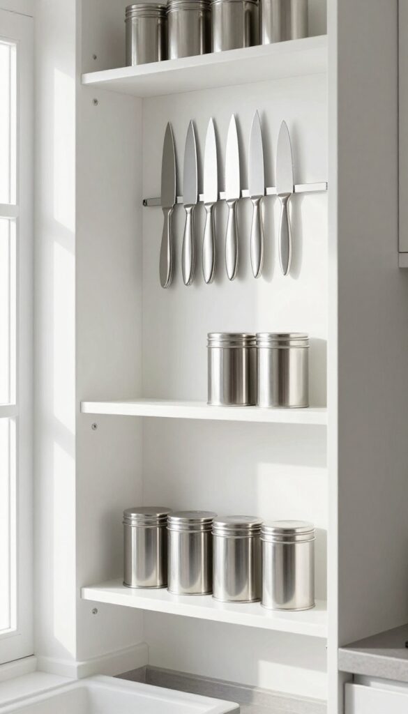 A magnetic strip on a pantry wall holding knives and metal spice tins, with natural light and clean composition.