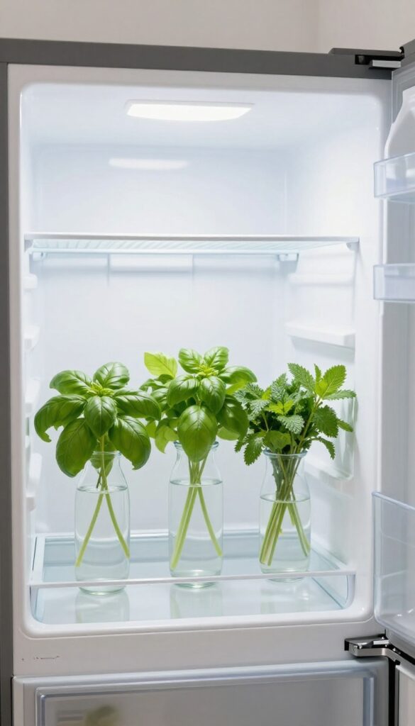Open refrigerator with small glass vases of fresh herbs on the door shelf