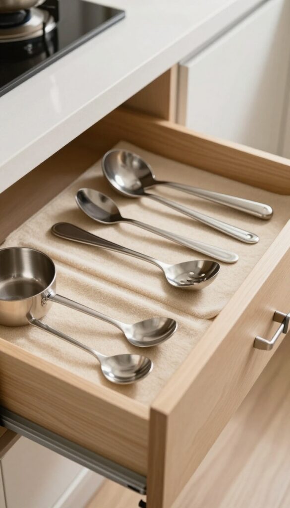 Open kitchen drawer lined with non-slip felt mat, neatly arranged utensils and gadgets, natural light, clean composition.