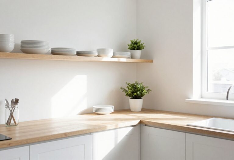 Light and airy kitchen with open shelving and organized dishes
