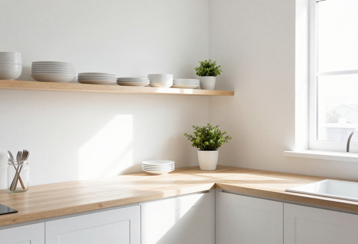 Light and airy kitchen with open shelving and organized dishes