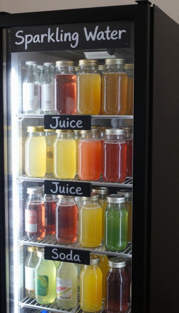 Drink fridge with chalkboard tape labels on shelves, organizing cans and bottles by category.