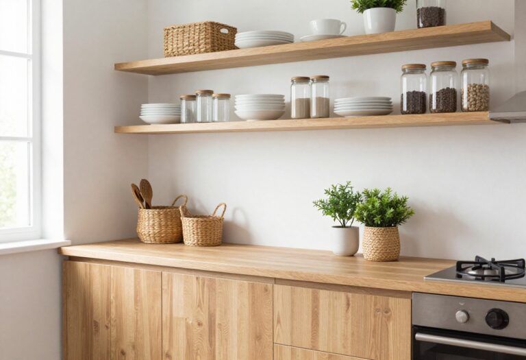 Cozy kitchen with open shelving and organized countertops
