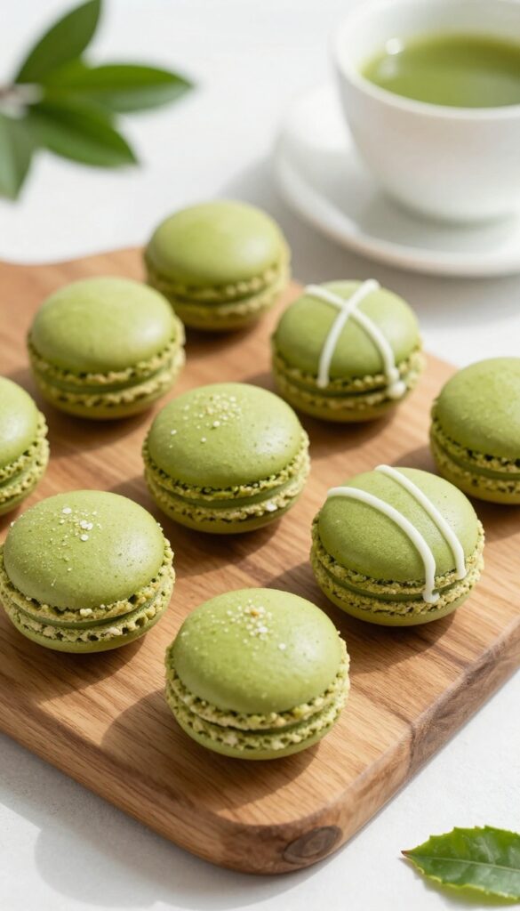 Matcha green tea coconut macaroons with white chocolate drizzle on a wooden board with a matcha latte in the background.