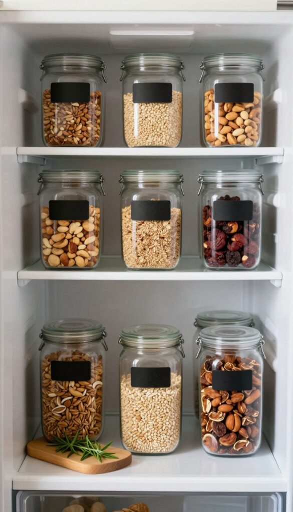 Clear plastic jars filled with bulk items like nuts and seeds neatly organized on a refrigerator shelf, with wooden accents and herbs.