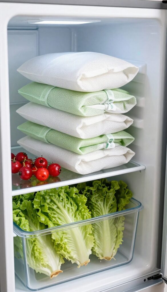 Open refrigerator with mesh produce bags in a clear bin, containing fresh lettuce and berries.