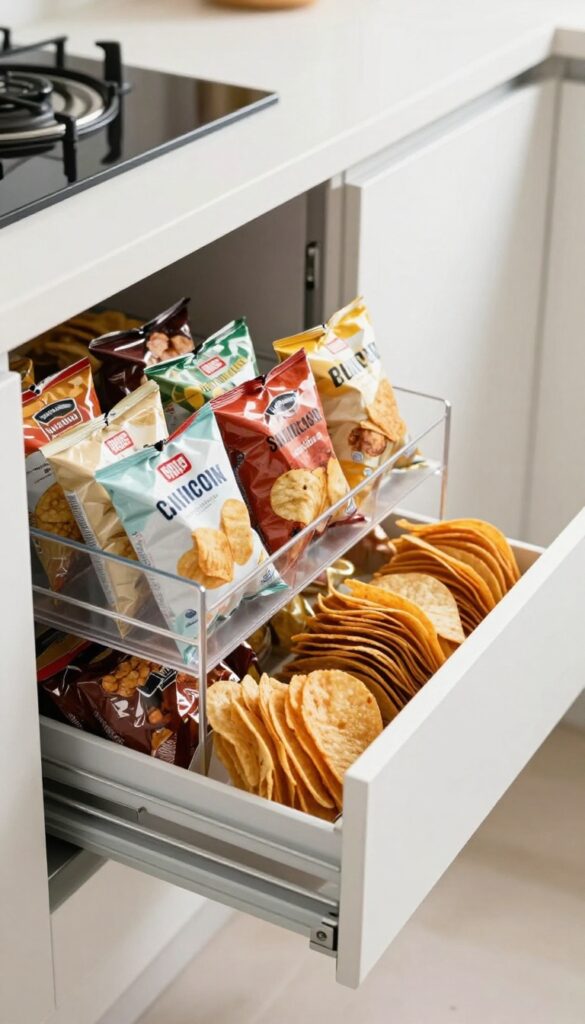 Pull-out pantry drawer with clear dividers holding chip bags upright and organized, natural light, modern kitchen pantry.