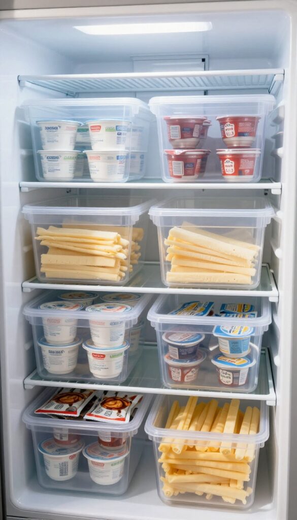 Open refrigerator with clear plastic bins organizing yogurt, cheese sticks, and sauce packets