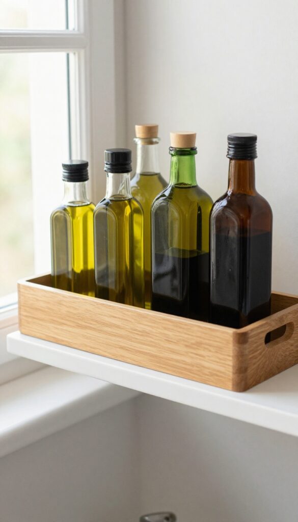 Lazy Susan with condiment bottles on a pantry shelf