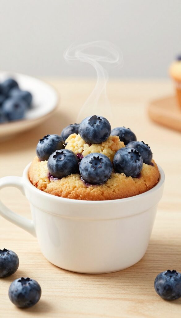 Keto blueberry muffin mug cake in a mug with steam and blueberries visible.