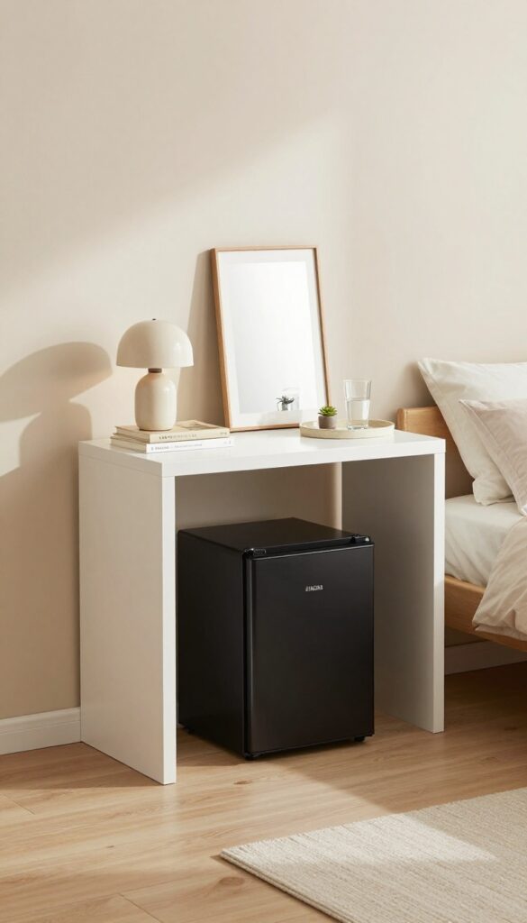 A slim console table with a mini fridge underneath, styled with a lamp, books, and a tray in a bright bedroom.