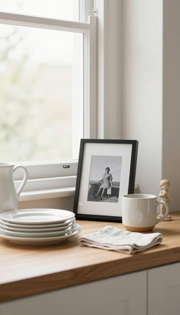 Open kitchen shelf with framed photo, ceramic mug, souvenir, white dishes, and linen napkin in natural light