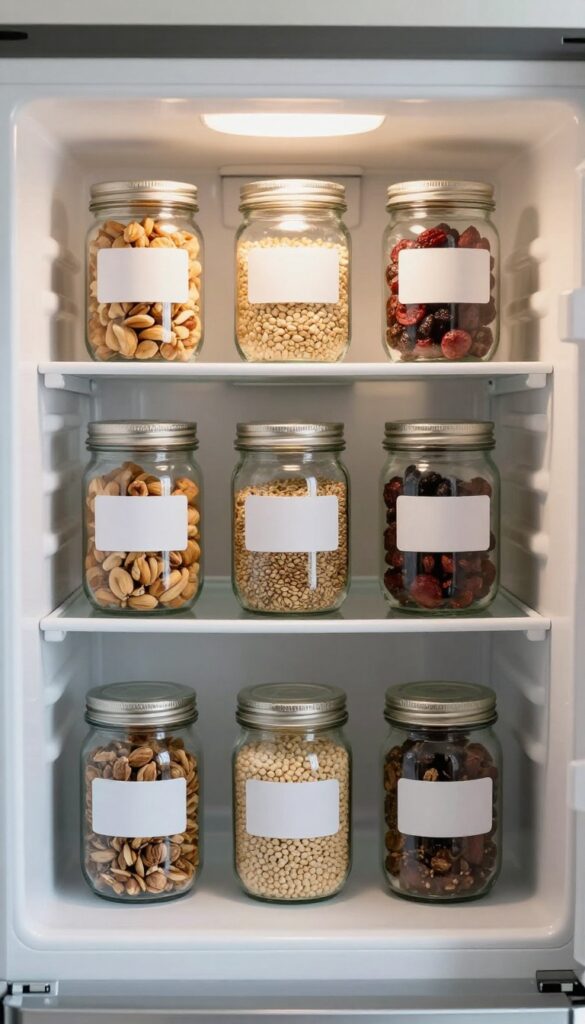 Open refrigerator with labeled glass jars of dry goods on a shelf