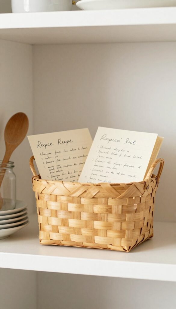 A small woven basket filled with recipe cards on a pantry shelf, surrounded by kitchen items in natural light.