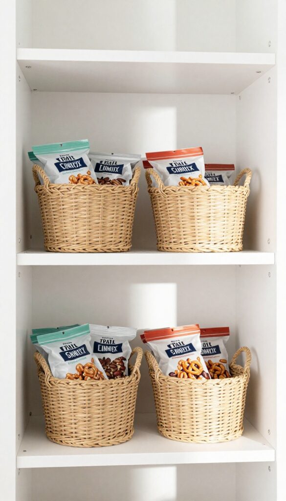 Woven baskets on a pantry shelf holding bulk snack bags, with natural light and clean composition.