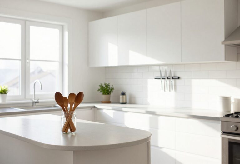 Bright, organized kitchen with white cabinets, subway tile backsplash, mason jar utensils, and a magnetic knife strip.