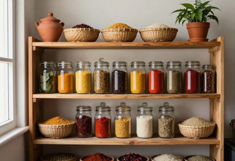 Warm and lived-in Indian pantry with organized spice jars, woven baskets, and a small plant on wooden shelves.