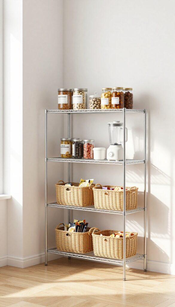 A standalone wire shelf unit added inside a pantry, doubling storage with cans, jars, and baskets in natural light.