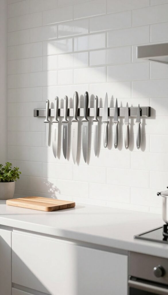 Magnetic knife strip mounted on kitchen backsplash holding knives
