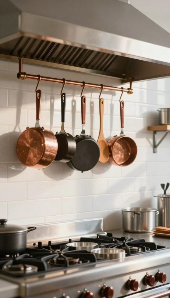Wall-mounted pot rack with copper and brass hooks holding pots and pans above a stove in a bright commercial-style kitchen