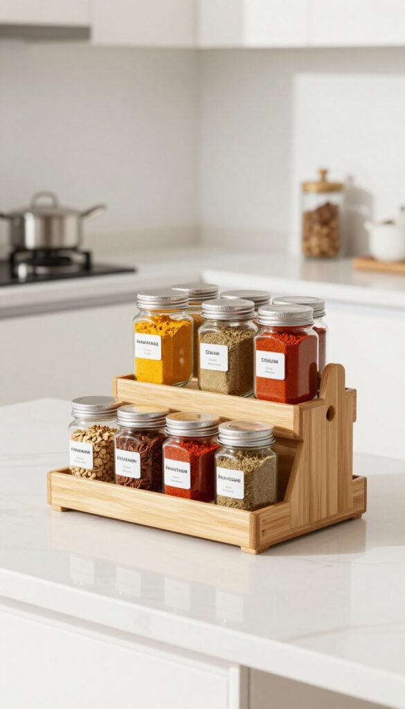 Tiered spice rack on kitchen counter with labeled glass jars of colorful spices, organized for easy access.