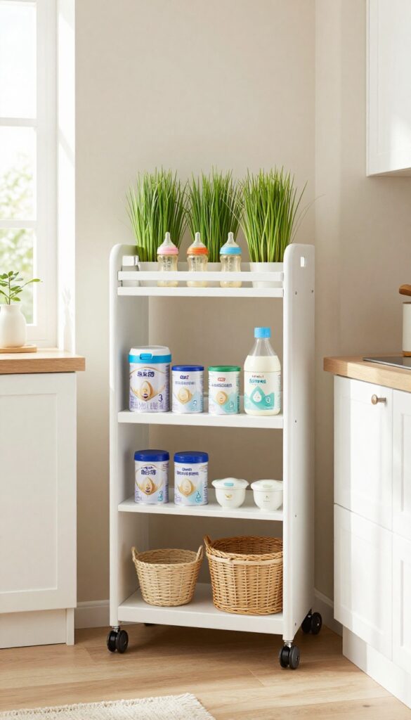 A slim rolling cart beside the fridge, holding baby bottles and supplies in a light and airy kitchen.