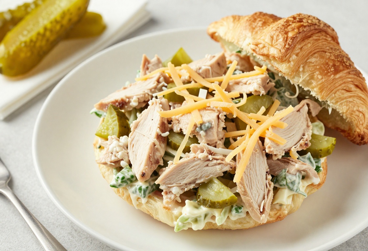 Creamy Sassy Scotty chicken salad on a croissant with pickle spears