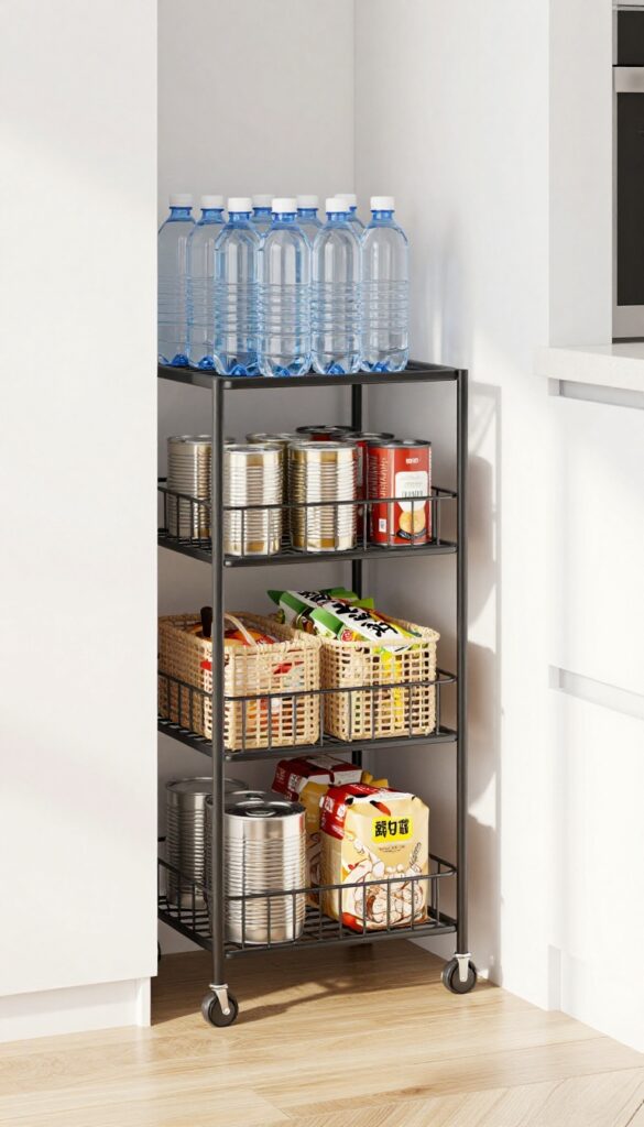Slim rolling cart in narrow gap between pantry and wall, holding canned goods and water bottles, bright natural light, clean modern kitchen.