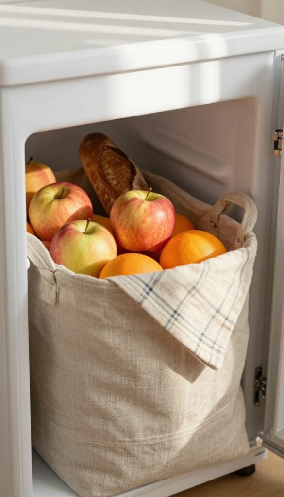 Cozy fabric basket with fresh fruit and bread on top of a dorm fridge