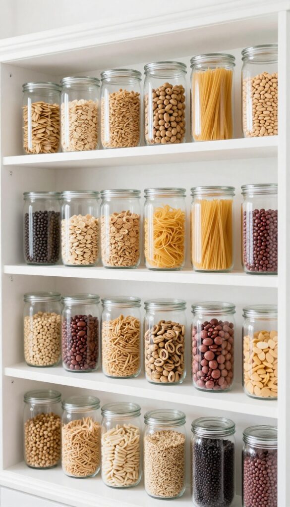 Tall glass canisters on an open pantry shelf, filled with cereal and pasta, creating a streamlined and organized display.