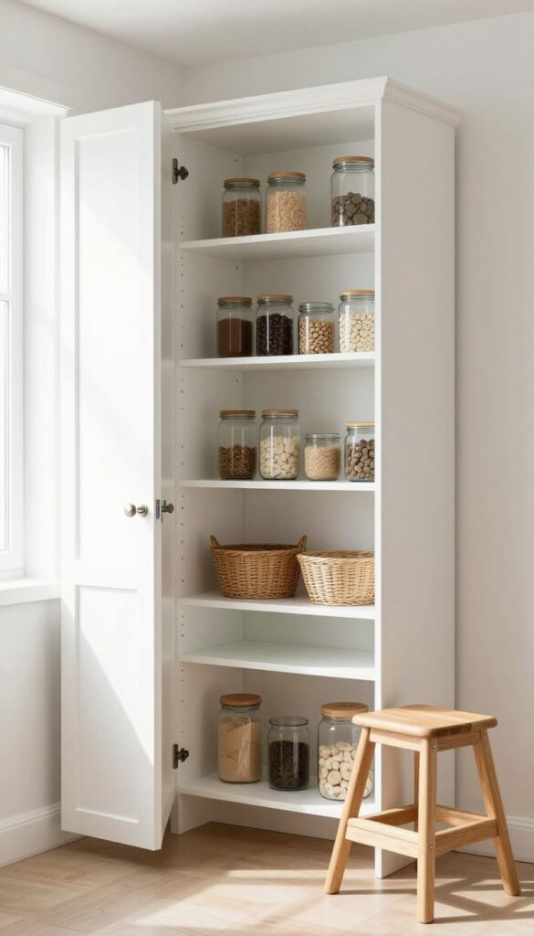A step stool placed beside an open pantry with tall shelves, warm wood tones, and natural light.