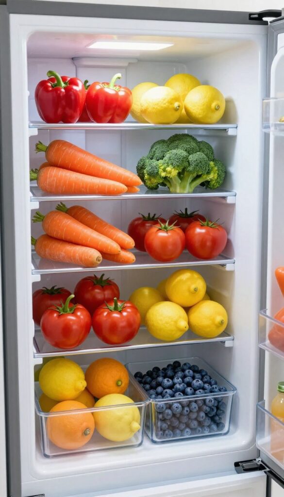 Open refrigerator with color-coded produce baskets filled with vibrant fruits and vegetables in natural light.