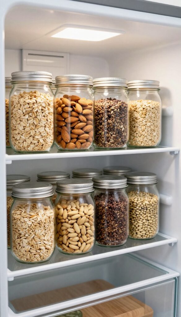Open fridge with mason jars filled with oats, almonds, and seeds on a glass shelf, arranged neatly by height.