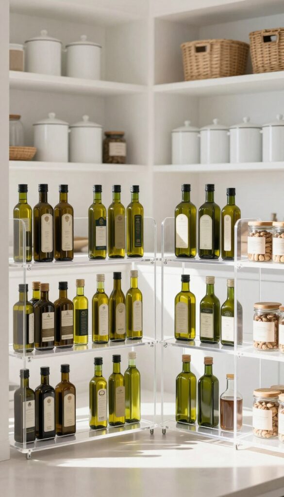 Open pantry corner shelf with clear lazy Susan holding oil and vinegar bottles, organized and sunlit.