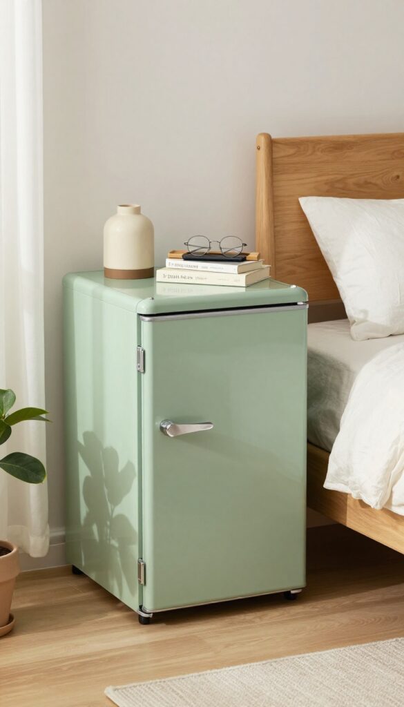 Sage green retro mini fridge styled as a nightstand with lamp, books, tray, and phone, in a bright bedroom.