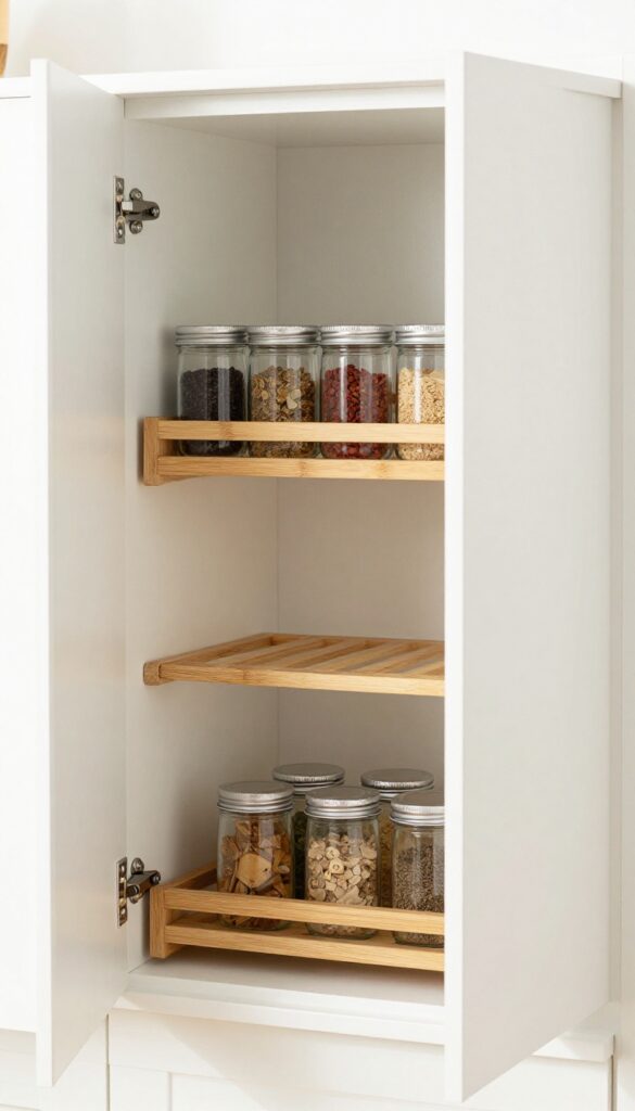 Stackable bamboo shelf risers inside a white pantry cabinet, holding organized spice jars in two levels with natural light.