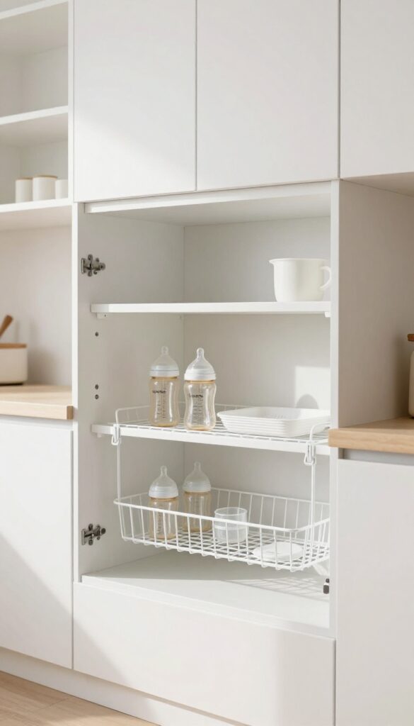 Under-shelf wire basket in a white kitchen cabinet holding baby bottles, with natural light creating a light and airy feel.