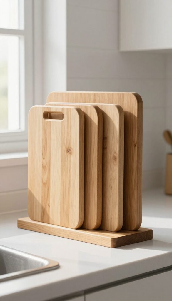 Vertical cutting board stand on a kitchen counter holding three wooden cutting boards