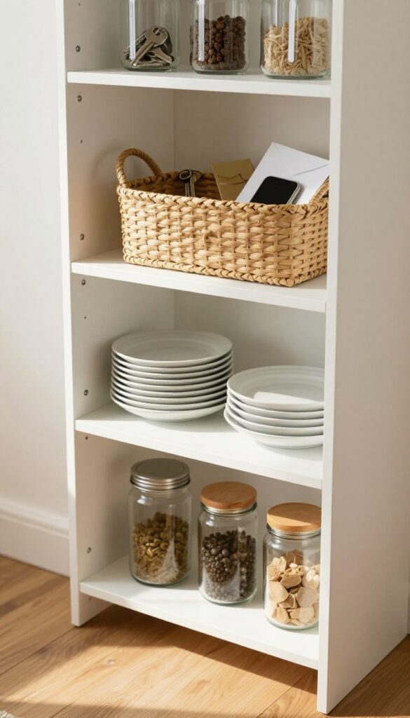 A small woven basket on a pantry shelf near the door, holding keys, mail, and a spice jar, with natural light and organized shelves.