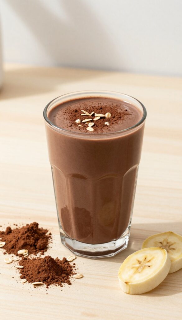 Chocolate oats protein smoothie in a glass with cocoa powder and oats garnish on a wooden table.
