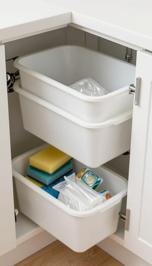 Clear stackable bins organizing cleaning supplies under a kitchen sink