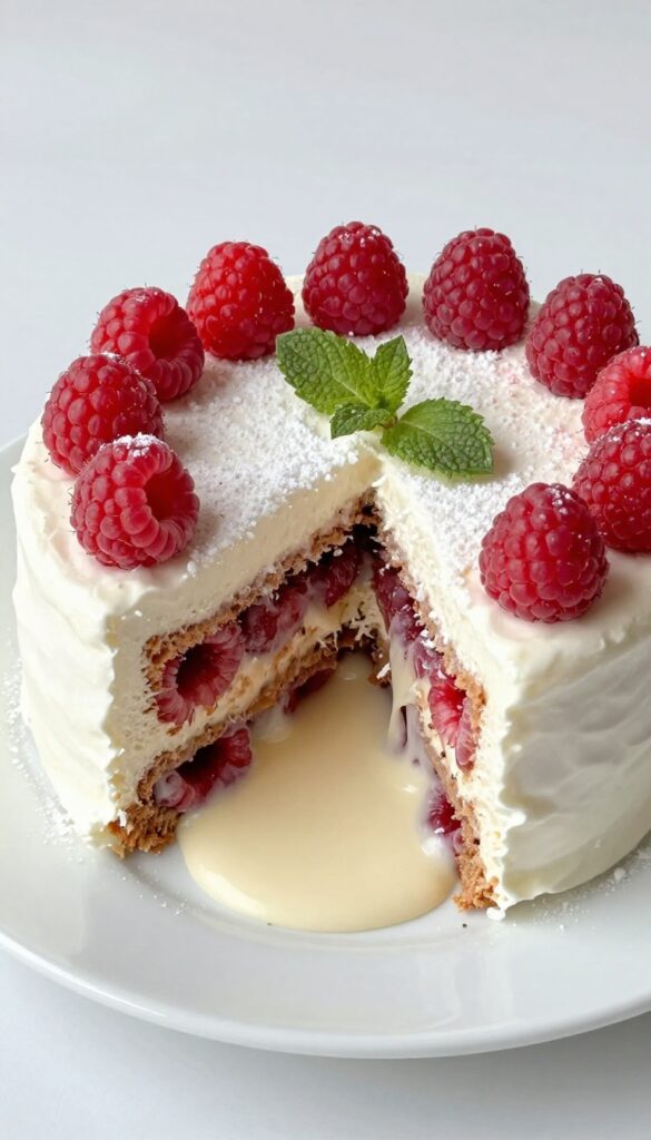 White chocolate raspberry lava cake on a plate with raspberries and mint garnish