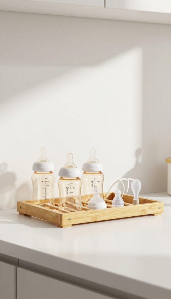 Bamboo bottle drying rack with built-in organizer on a kitchen countertop