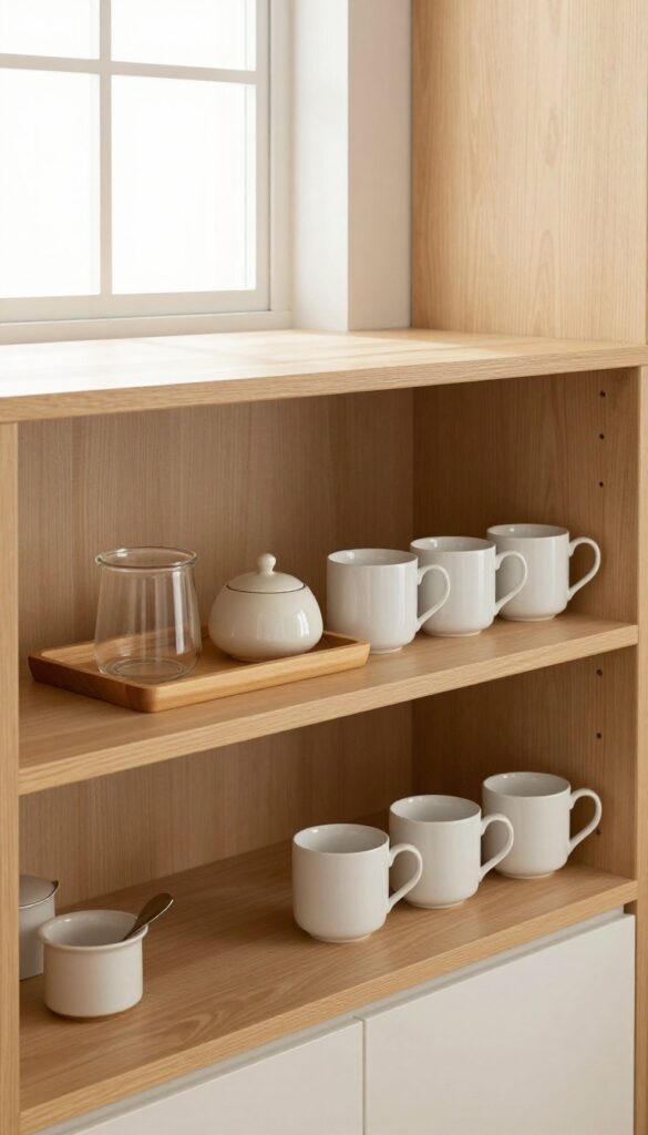 Open kitchen shelf styled as a coffee and tea station with mugs, canister, and tray in bright natural light