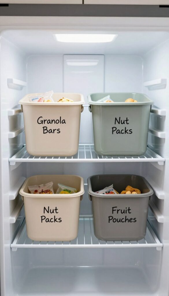 Organized fridge with labeled bins for snacks, neutral tones, bright natural light.