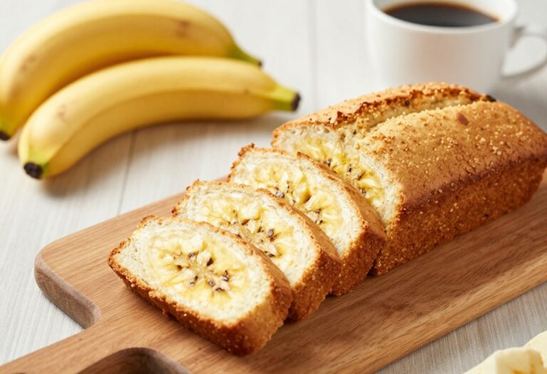 Sliced gluten free banana bread on a wooden board with bananas and coffee