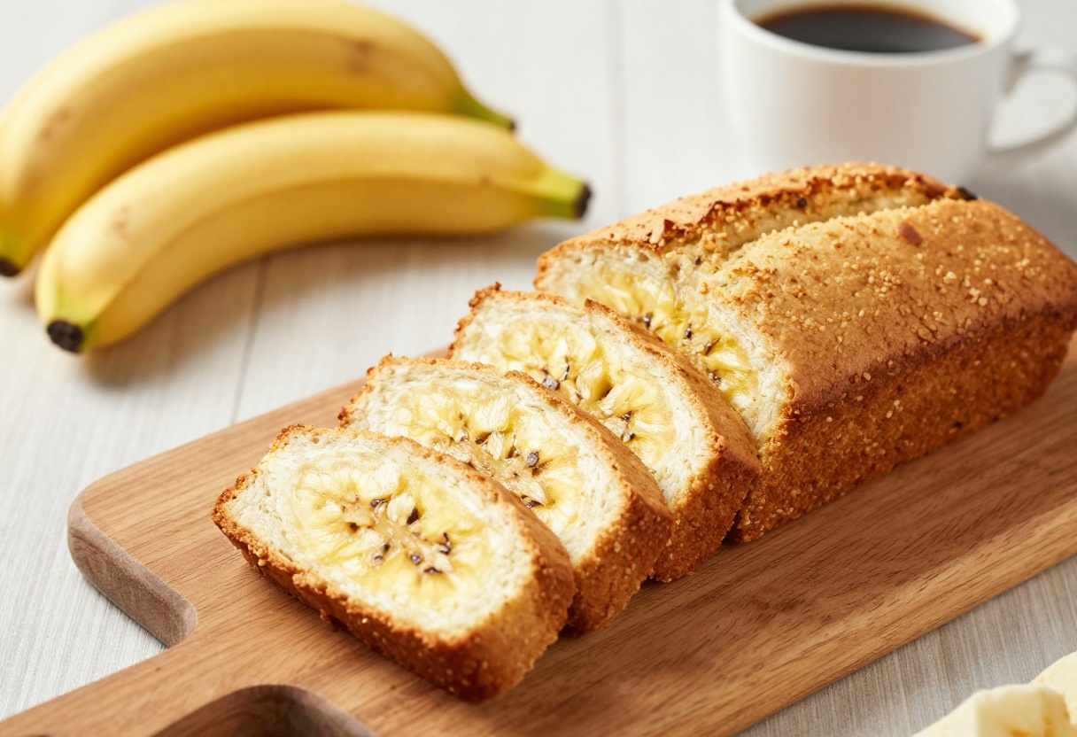 Sliced gluten free banana bread on a wooden board with bananas and coffee